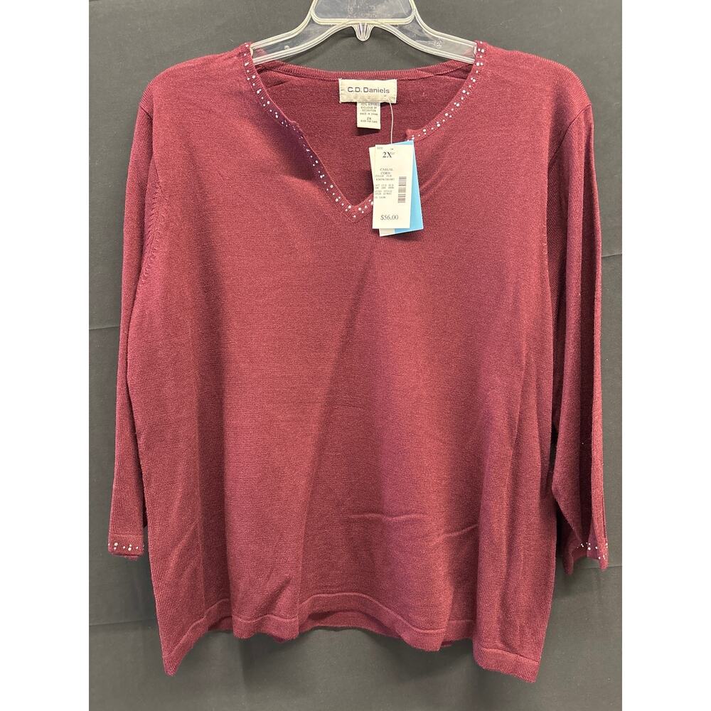 C.D. Daniels Long Sleeve V Neck Blinged Top NWT 2X Fashion Designer